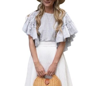 Who what wear Striped Ruffle sleeved cotton top gray-ish blue/white coastal